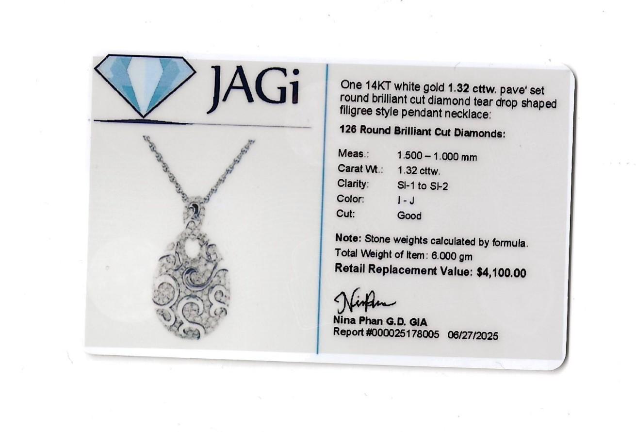 Wirbelmotiv-Pavé-Diamant-Tropfen-Anhänger-Halskette aus 14 Karat Weißgold im Angebot 3