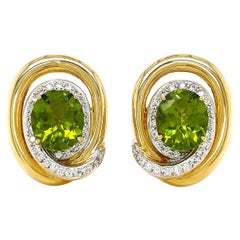 18K Yellow Gold Swirl Oval Peridot and Diamond Earrings