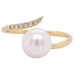 Swirl Pearl and Diamond Ring, Genuine Cultured Japanese Saltwater Pearl, 14 Gold