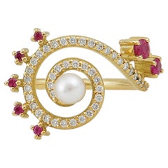Swirl Ring in 18 Karat Yellow Gold with Diamonds, Rubies And Pearls