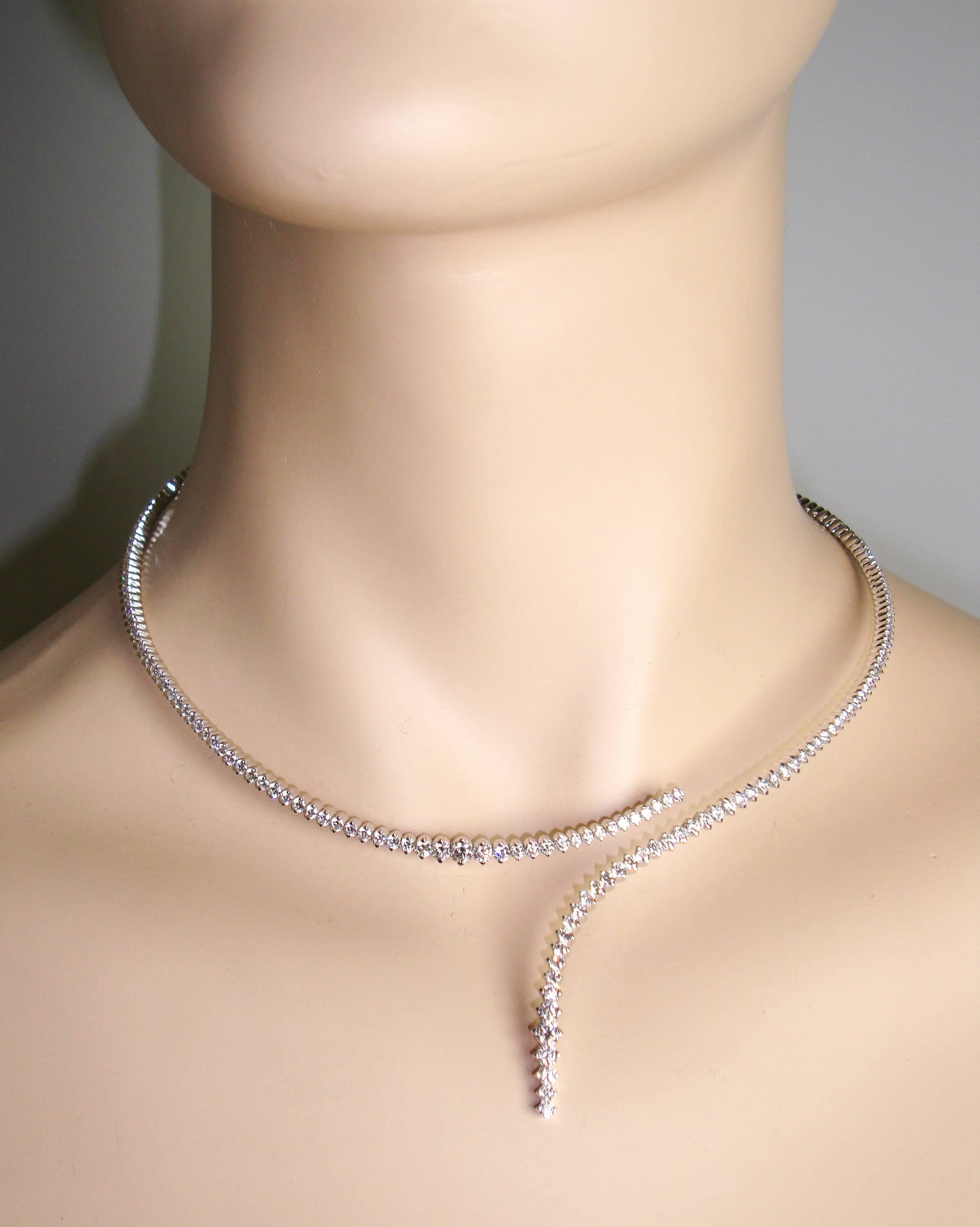 Distinctive Diamond Necklace, Italian designed reflecting style and sophistication in a unique way. Expertly handcrafted in 18k white gold giving flexibility to softly sit on your skin as it gleams with 5.61 carats of white round brilliant cut