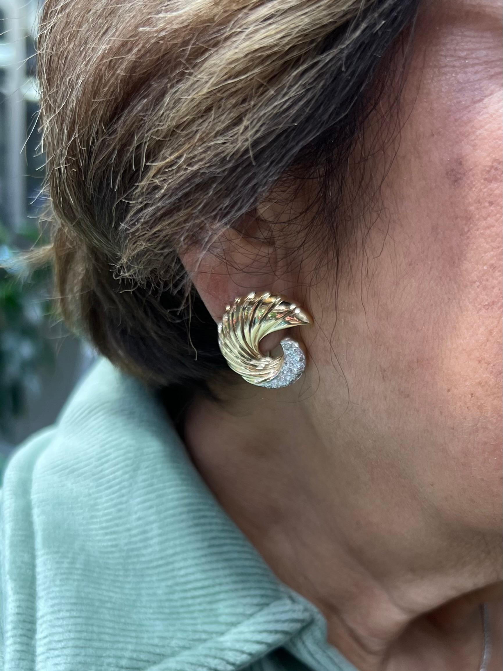 Contemporary Swirl Yellow Gold Diamond Clip And Post Earrings For Sale