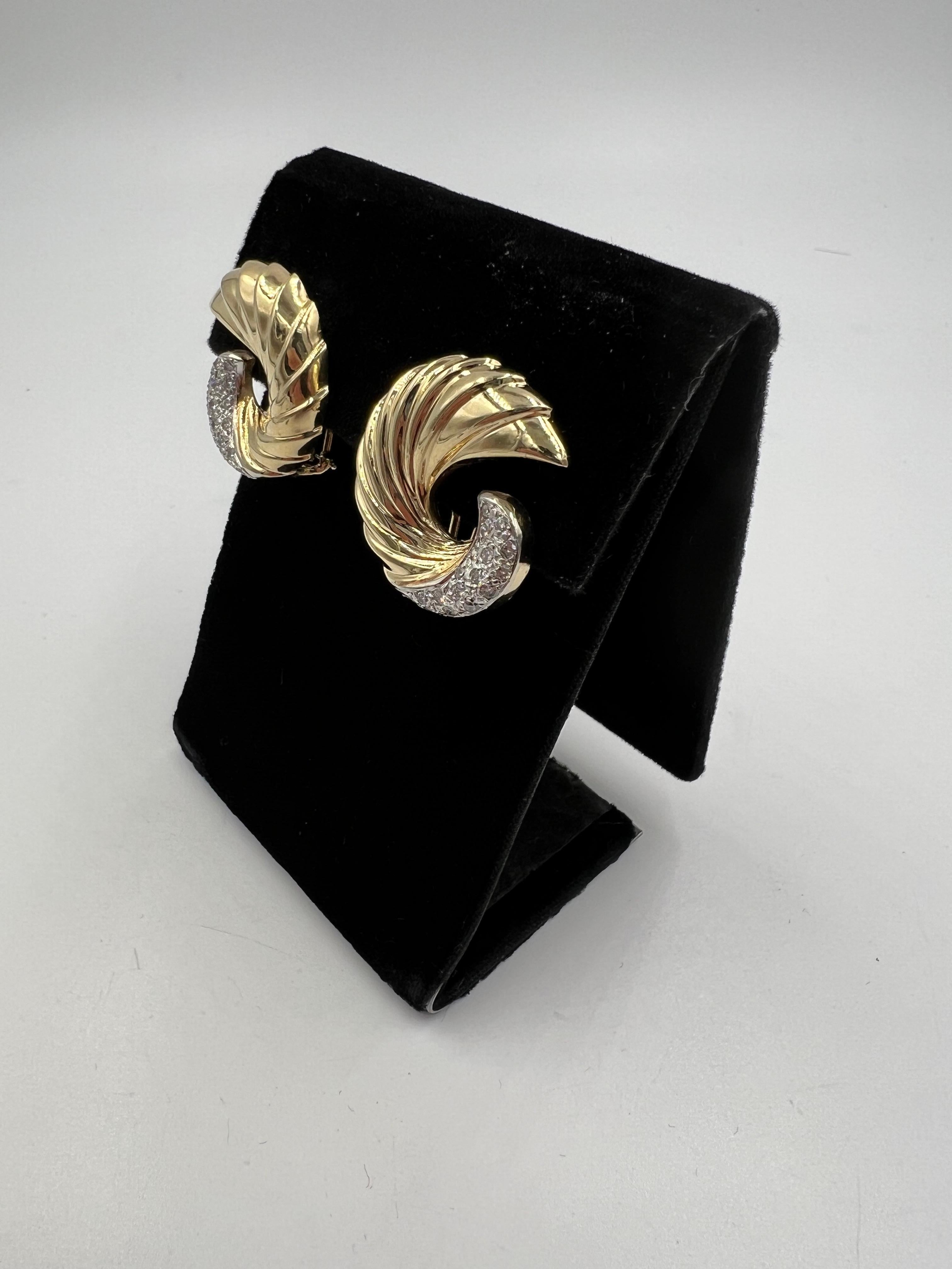 Round Cut Swirl Yellow Gold Diamond Clip And Post Earrings For Sale