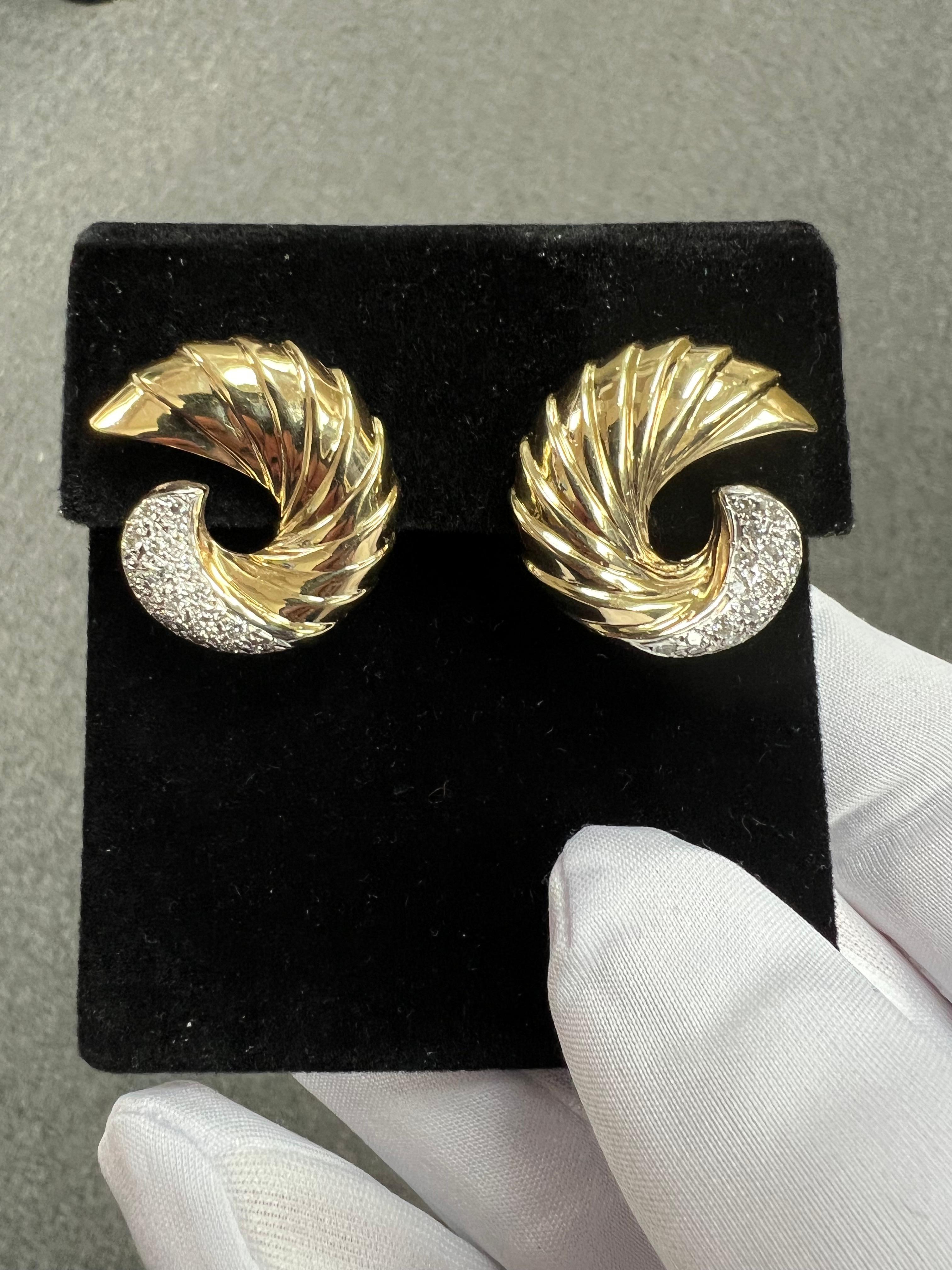 Women's or Men's Swirl Yellow Gold Diamond Clip And Post Earrings For Sale