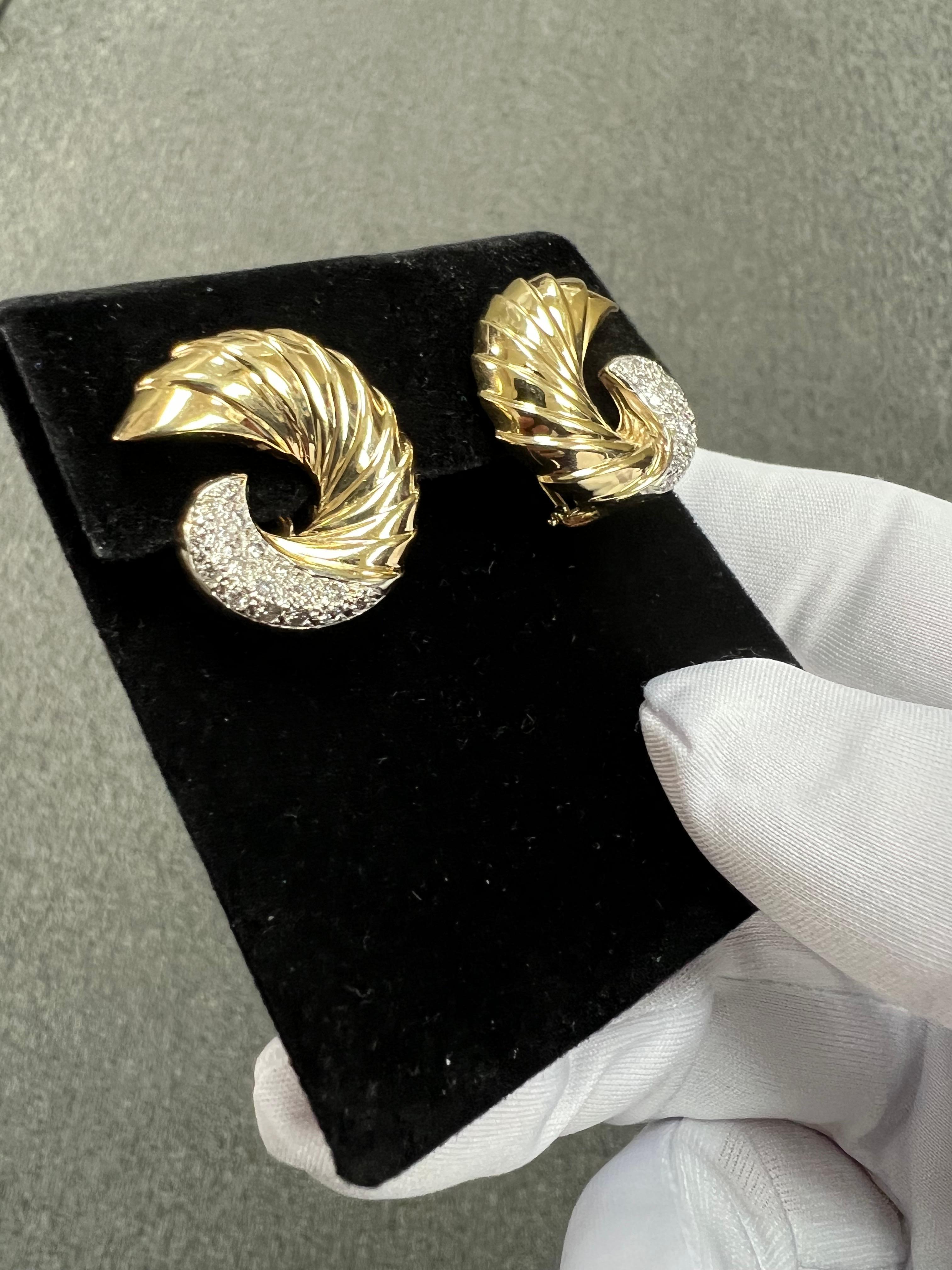 Swirl Yellow Gold Diamond Clip And Post Earrings For Sale 1