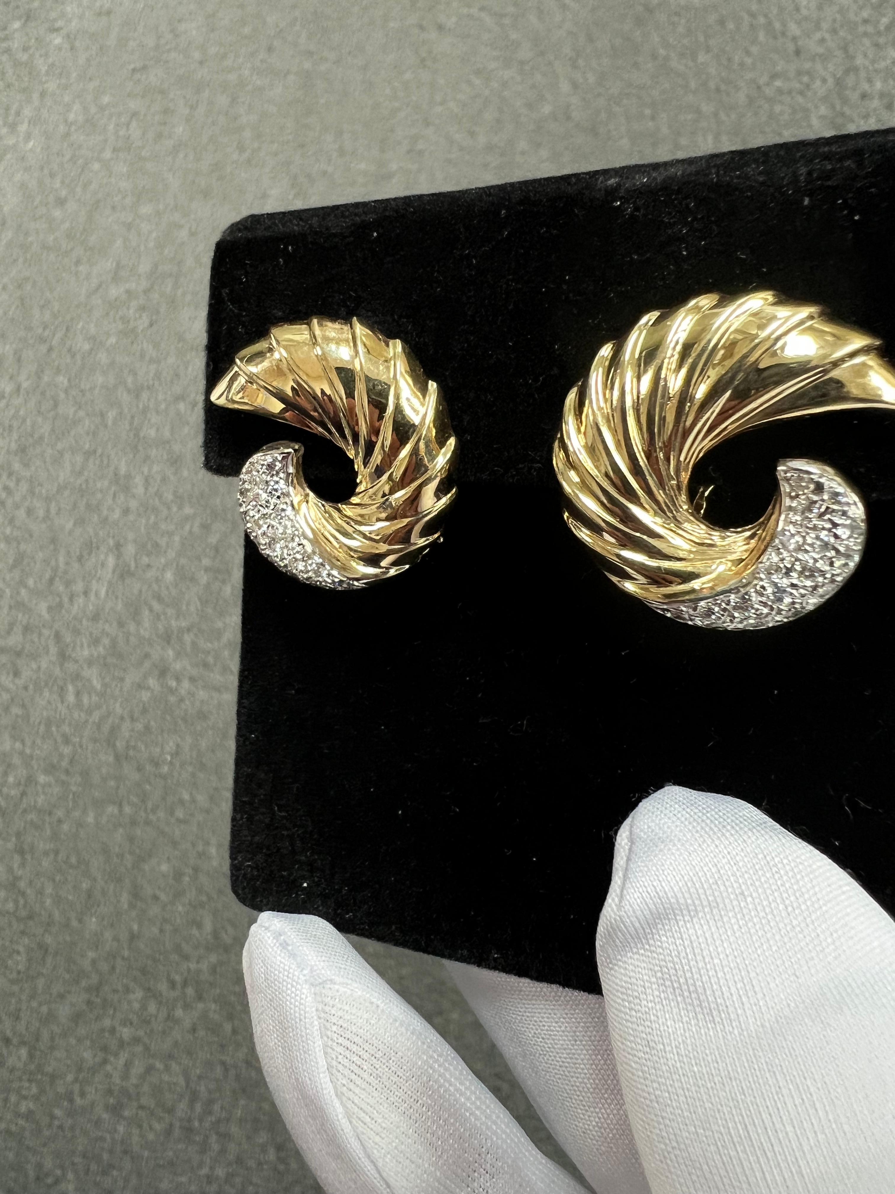 Swirl Yellow Gold Diamond Clip And Post Earrings For Sale 2