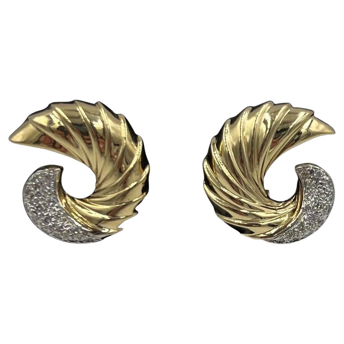 Swirl Yellow Gold Diamond Clip And Post Earrings