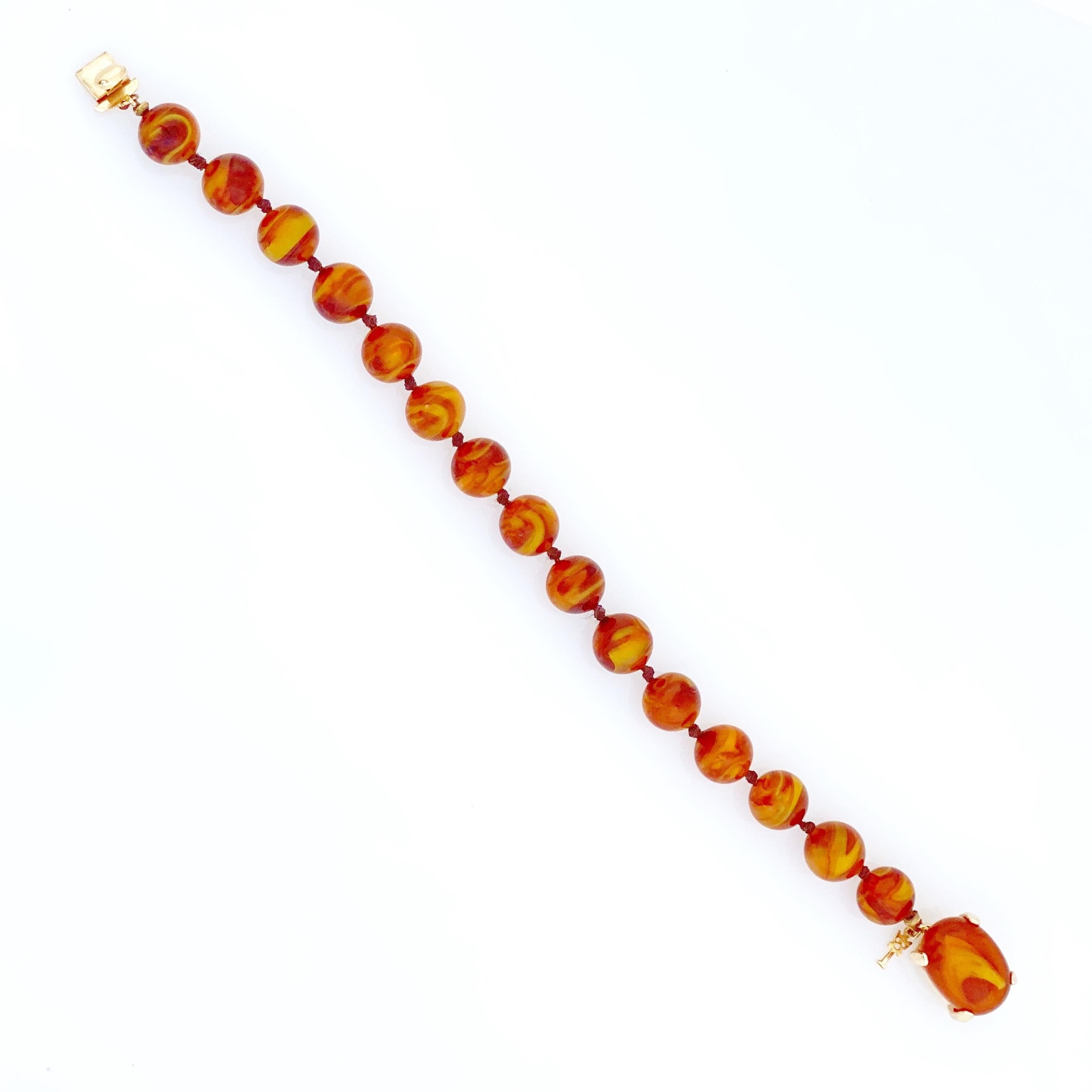 Modern Swirled Amber Art Glass Beaded Bracelet By Crown Trifari, 1960s