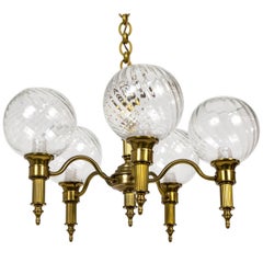 Swirled Glass Globes and Reeded Brass Chandelier