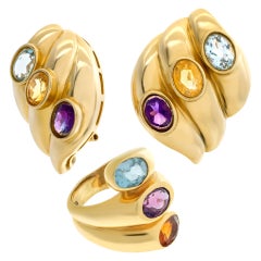 Swirled Gold Earrings and Ring Set in 14k with Topaz, Amethyst & Citrine