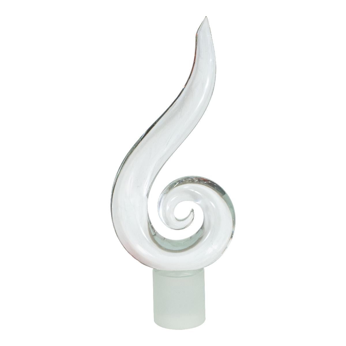 Swirled clear Murano glass sculpture on a frosted base by Elio Raffaeli for Seguso. Signed.