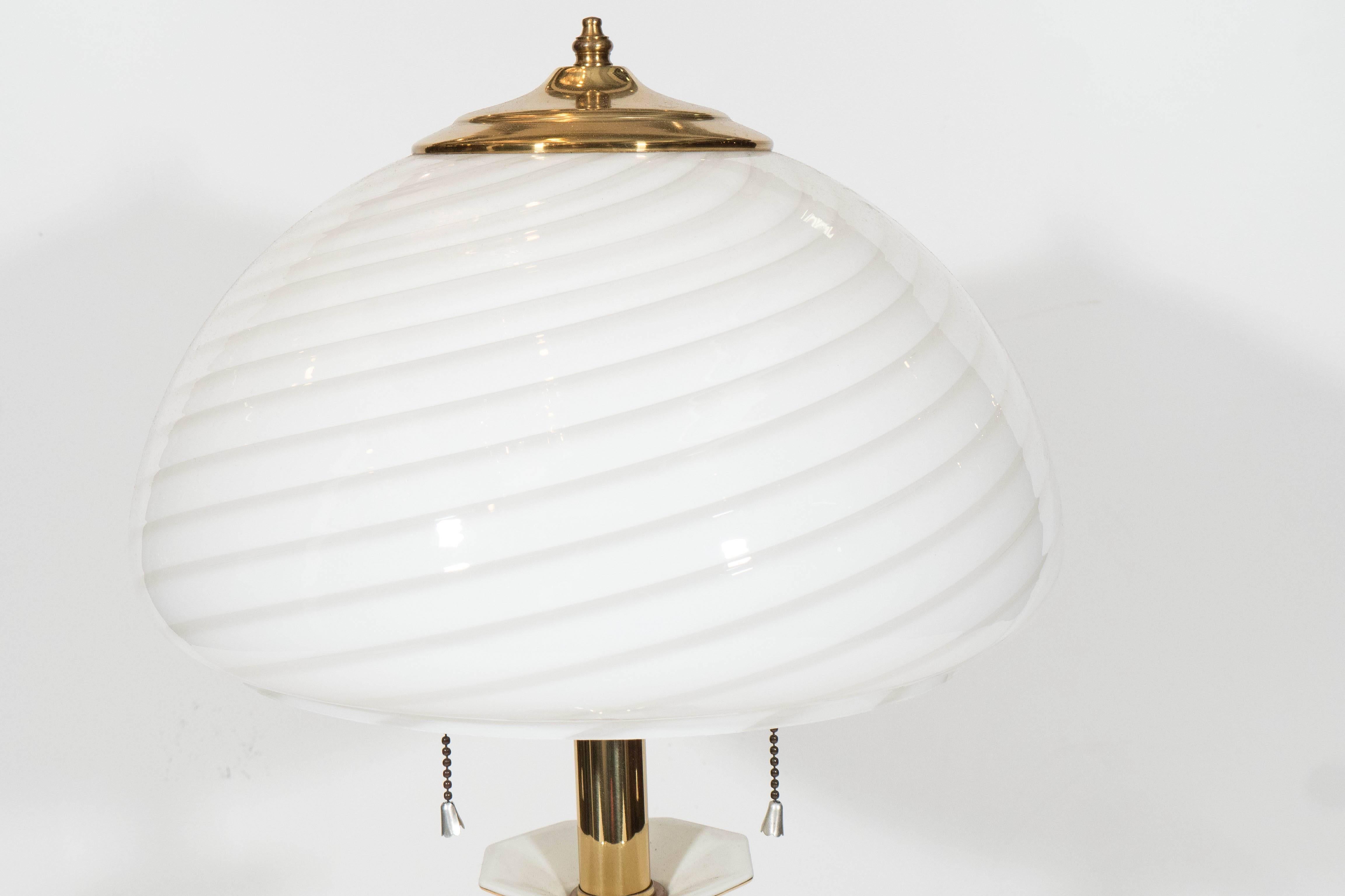 Late 20th Century Swirled Murano Glass Shade Lamp on Ceramic Candlestick Base