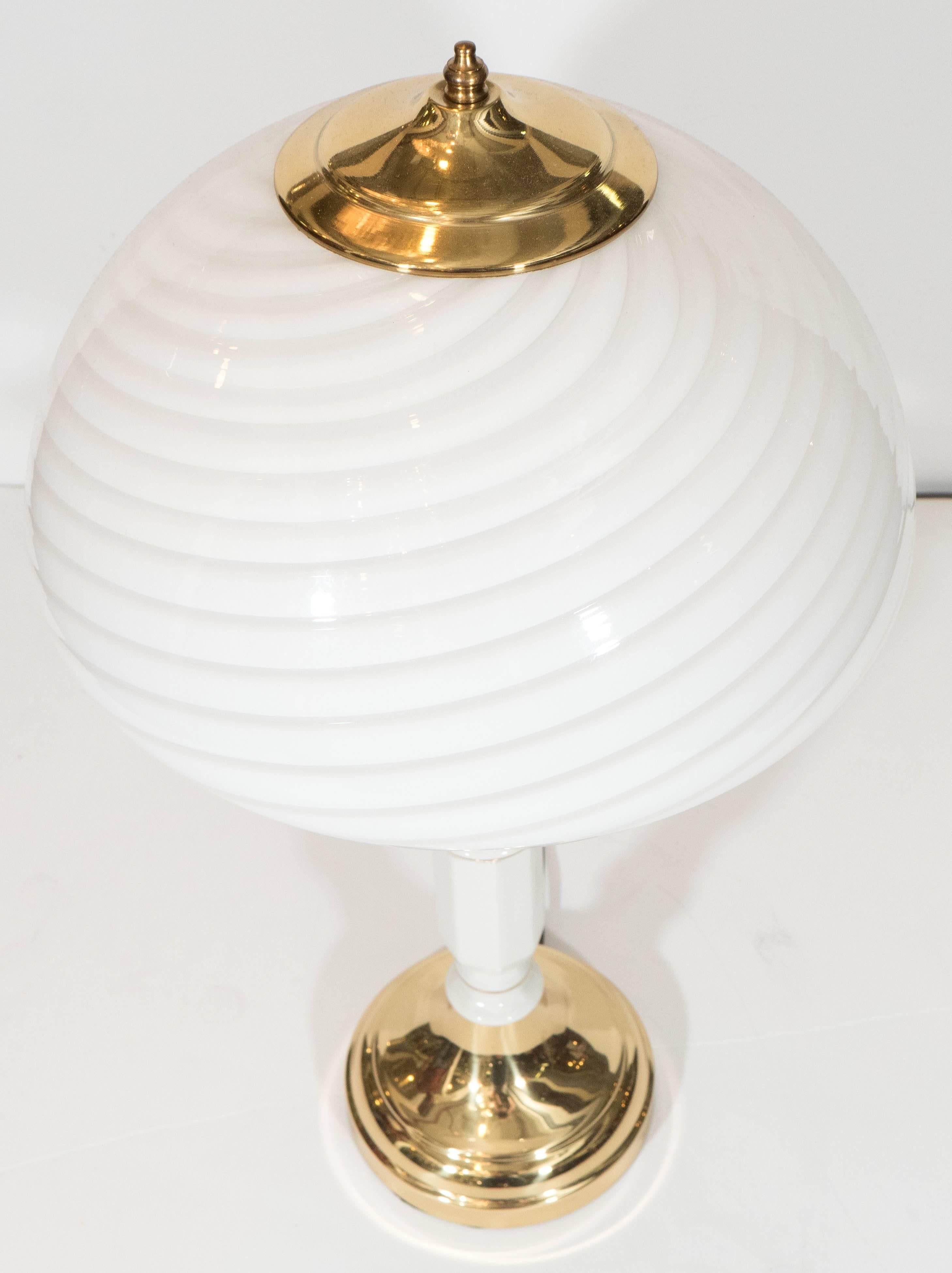 Brass Swirled Murano Glass Shade Lamp on Ceramic Candlestick Base