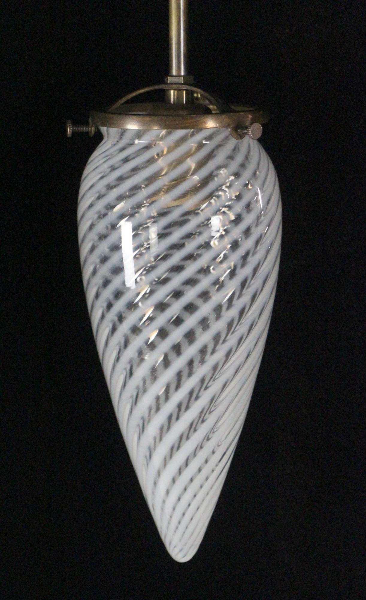 American Swirled Vaseline Glass Cone Shaped Pendant Light Brass Hardware For Sale