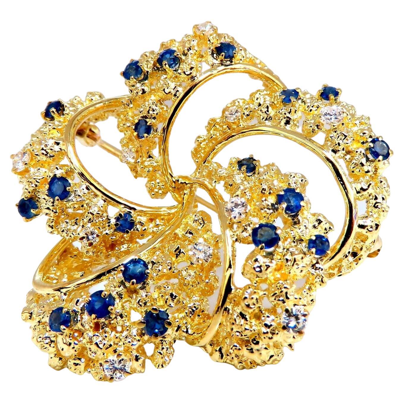 Swirling 18kt Gold Natural Sapphire Diamonds Pin For Sale