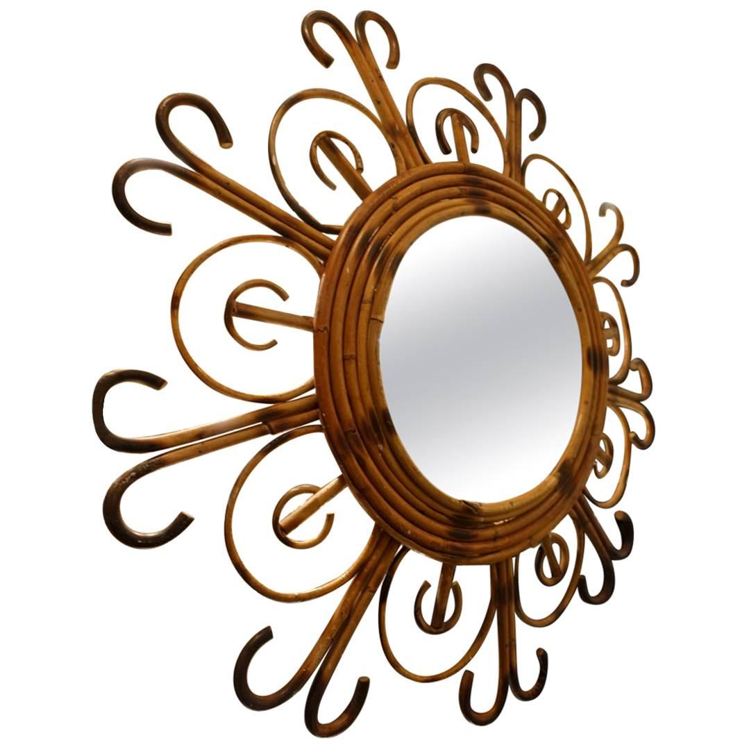 Swirling Midcentury Rattan Mirror For Sale