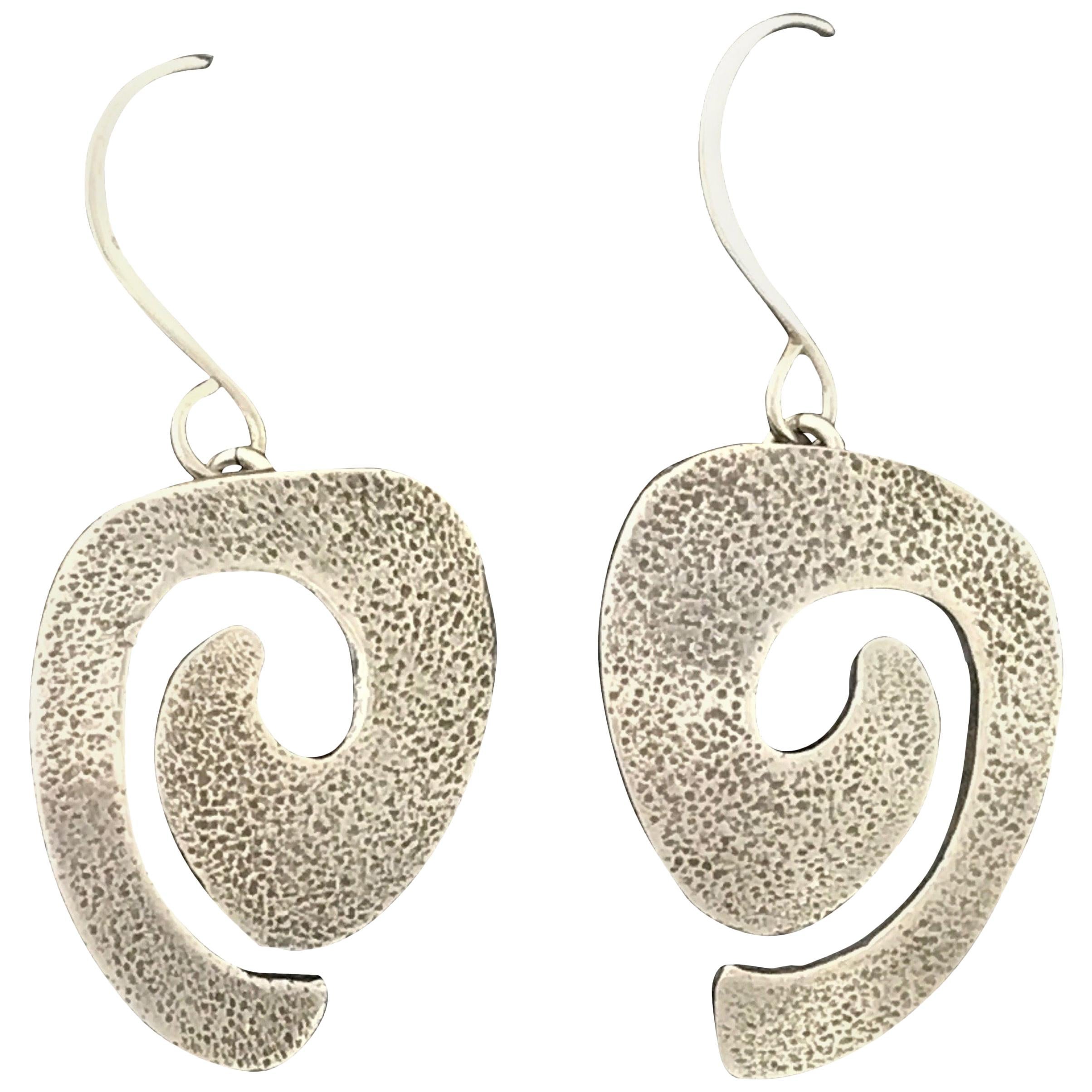 Swirls, dangle earrings, cast silver by Melanie Yazzie New Navajo contemporary For Sale