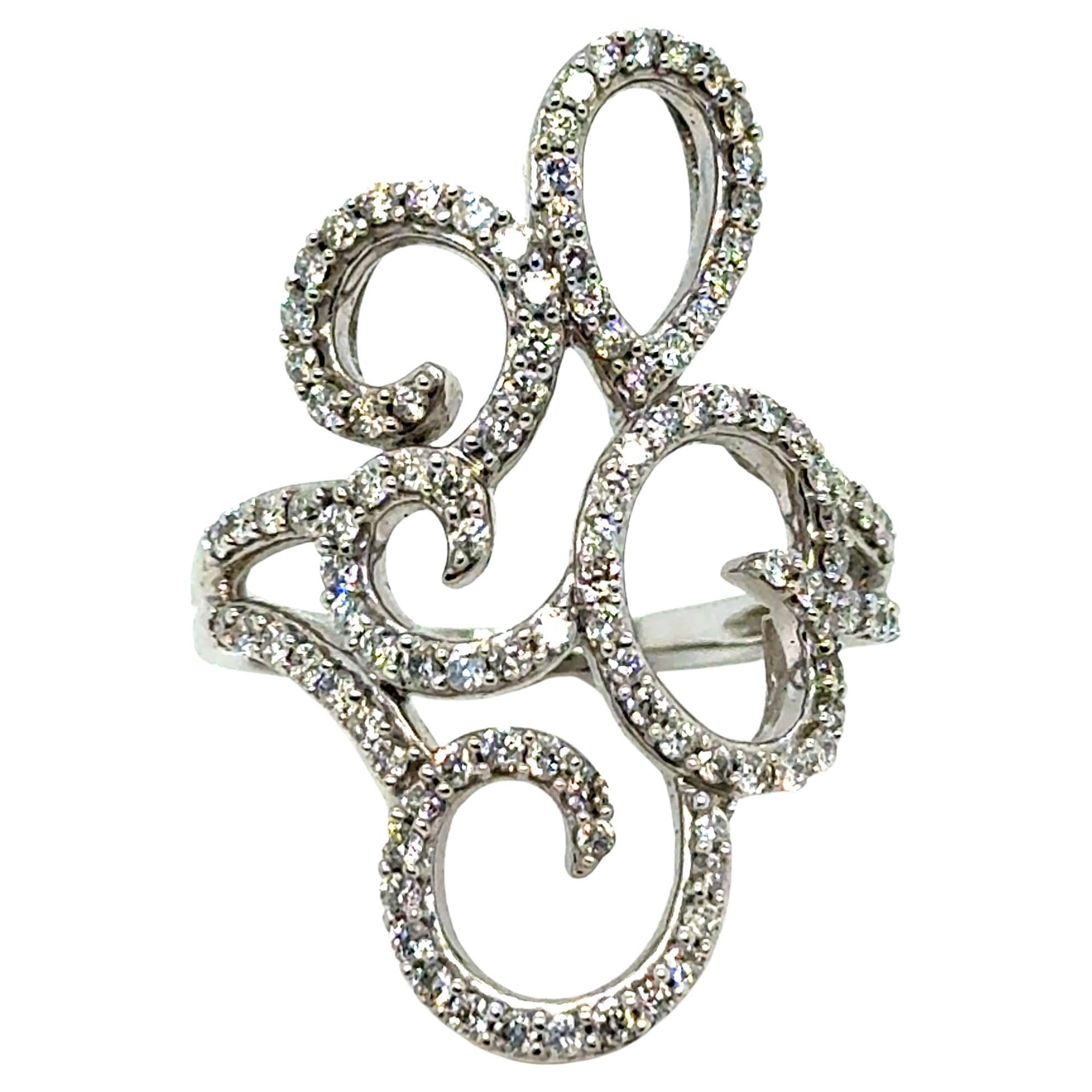 Swirly Vintage 14K White Gold Diamond Ring Bague de fiançailles -0.76ct.
