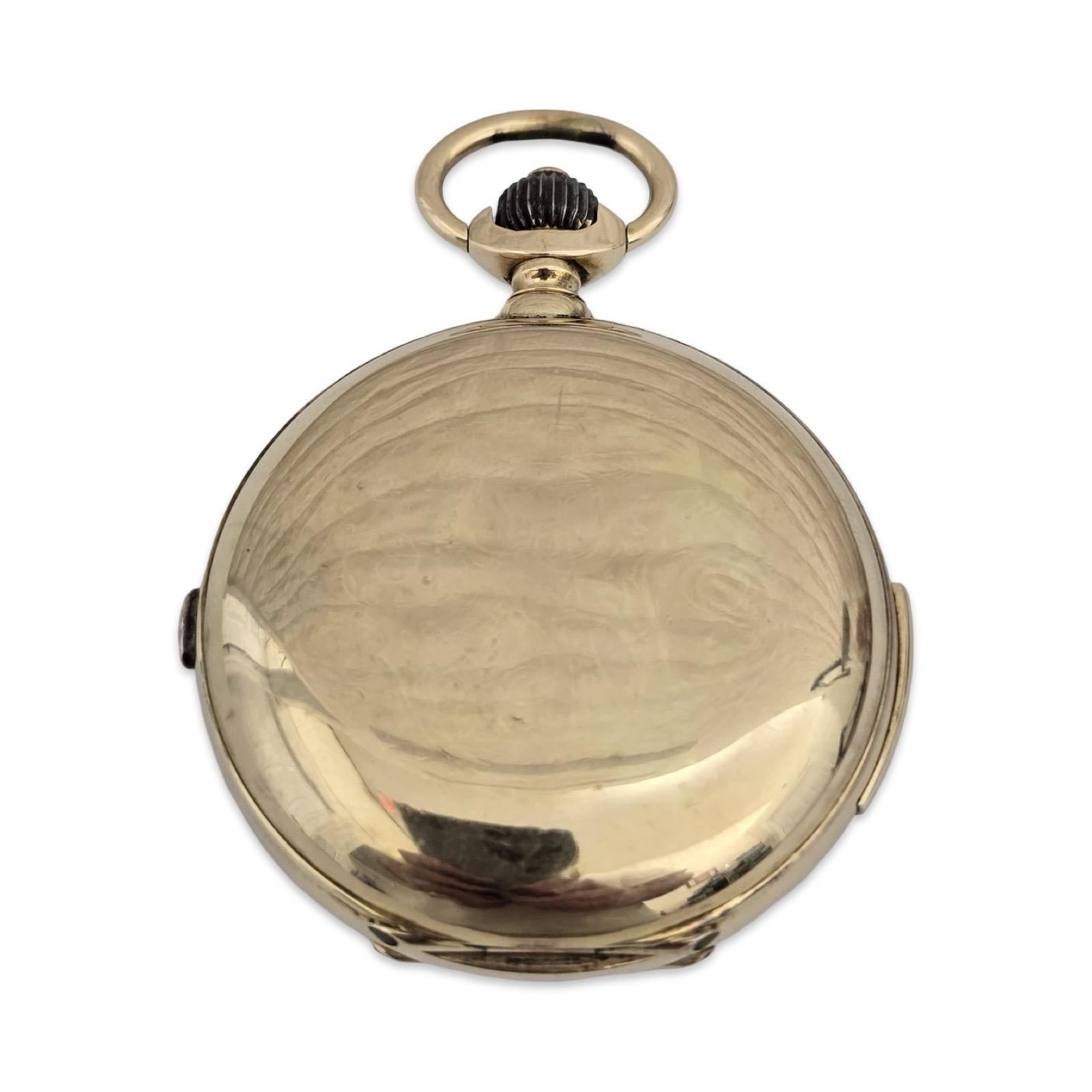 Reloj de bolsillo suizo de oro de 14 quilates, 52,45 mm, cronógrafo con repetición de minutos y alarma, 32 joyas en venta 6