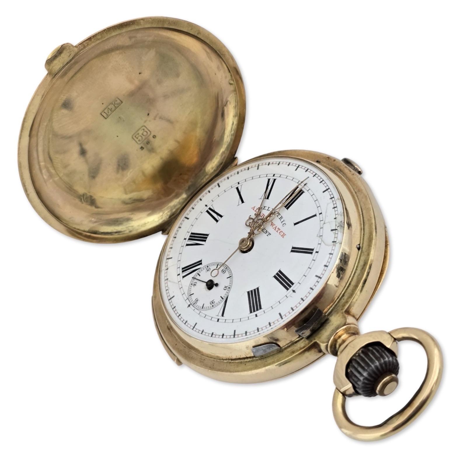 Excepcional reloj de bolsillo suizo de repetición de minutos de oro macizo de 14 quilates del siglo XIX, con una rara combinación de cronógrafo, alarma mecánica y movimiento de alta calidad de 32 rubíes, una auténtica obra maestra de la