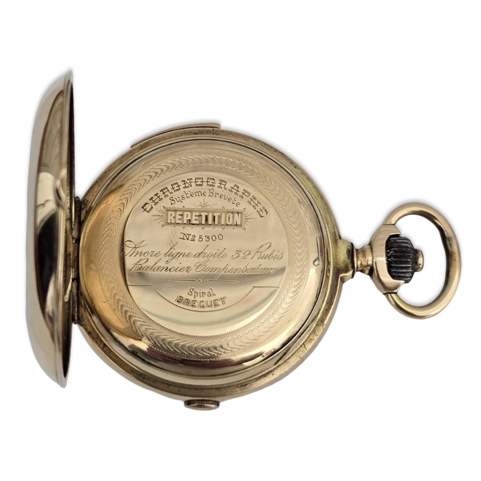 Reloj de bolsillo suizo de oro de 14 quilates, 52,45 mm, cronógrafo con repetición de minutos y alarma, 32 joyas en Bueno estado para la venta en Miami, FL