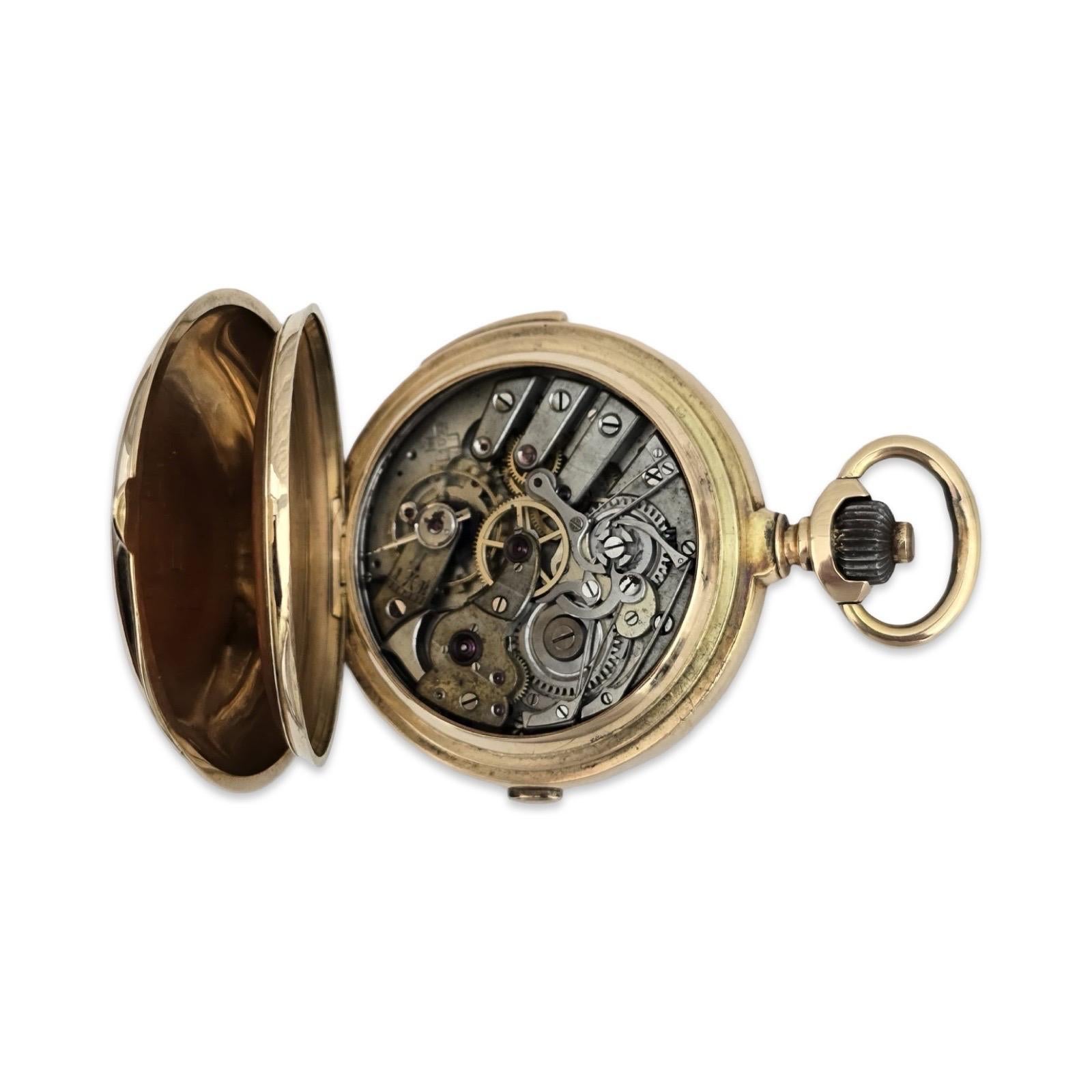 Femenino o masculino Reloj de bolsillo suizo de oro de 14 quilates, 52,45 mm, cronógrafo con repetición de minutos y alarma, 32 joyas en venta