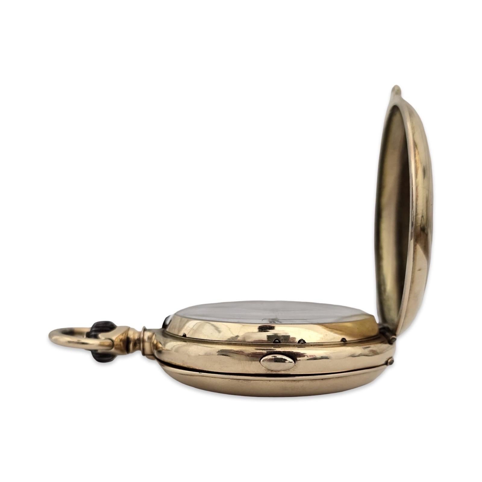 Reloj de bolsillo suizo de oro de 14 quilates, 52,45 mm, cronógrafo con repetición de minutos y alarma, 32 joyas en venta 1