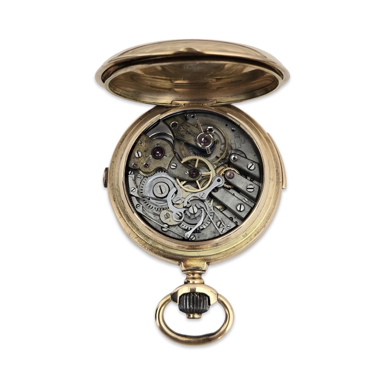 Reloj de bolsillo suizo de oro de 14 quilates, 52,45 mm, cronógrafo con repetición de minutos y alarma, 32 joyas en venta 2