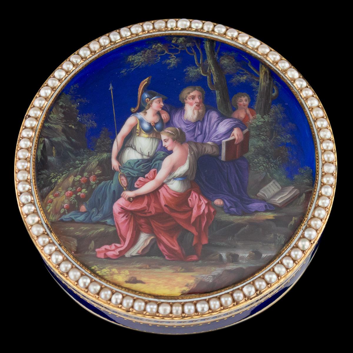 Antique late 18th century exceptional Swiss 18-karat gold and enamel snuff box, of round shape, the cover finely painted with the scene of The Choice of Hercules, the boy Hercules is concealed within trees observing Virtue and Vice whilst the poet