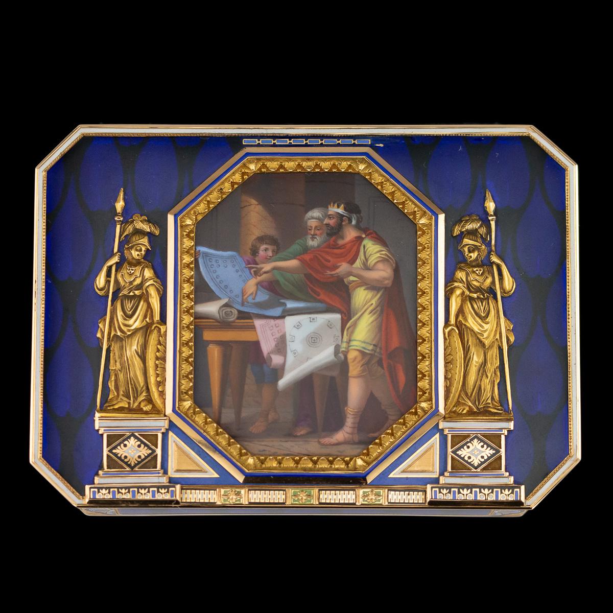 Antique early 19th century exceptional Swiss 18-karat gold & enamel snuff box, of rectangular form with canted corners, the cover is set with a finely painted panel depicting King Solomon and his Architect. According to the Hebrew Bible, Solomon's