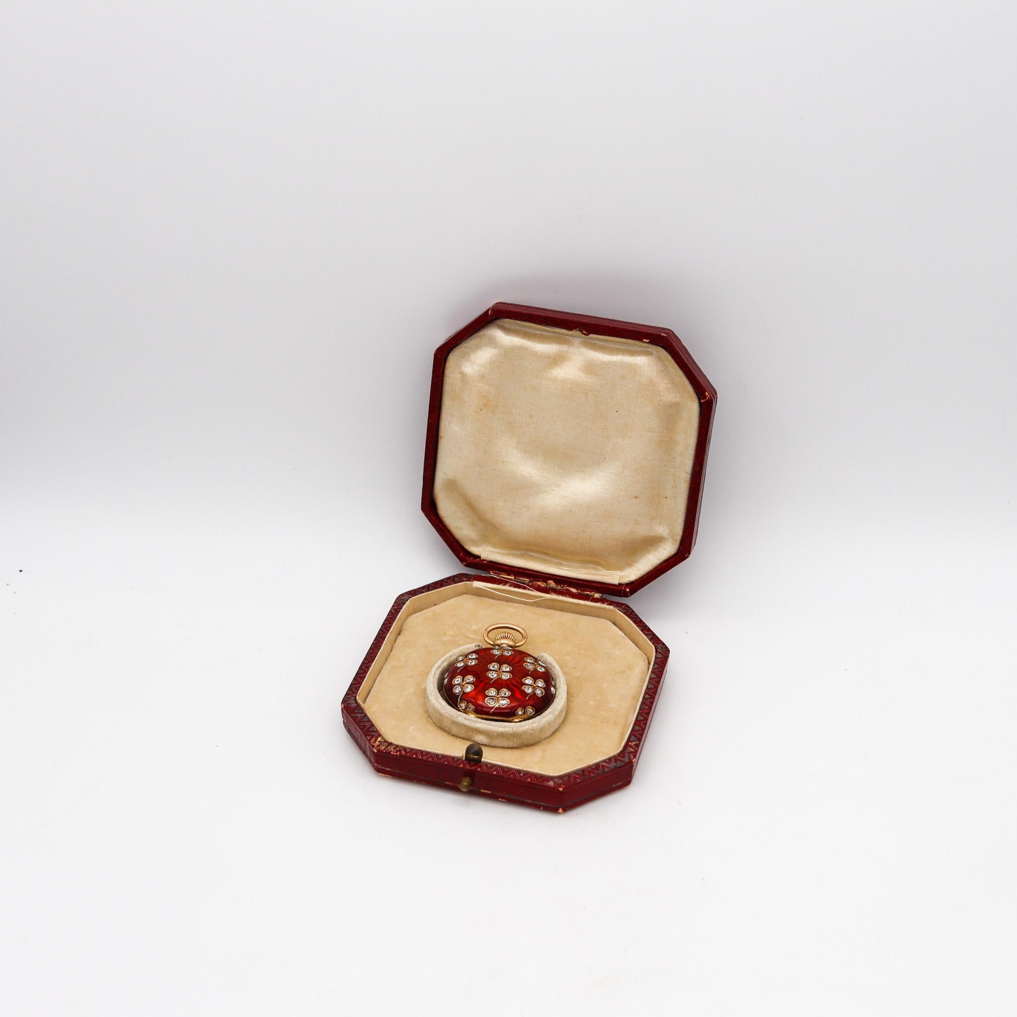 Swiss 1895 Red Guilloché Pendant Watch In 14Kt Gold & 3.12 Ctw Rose Cuts Diamond 5