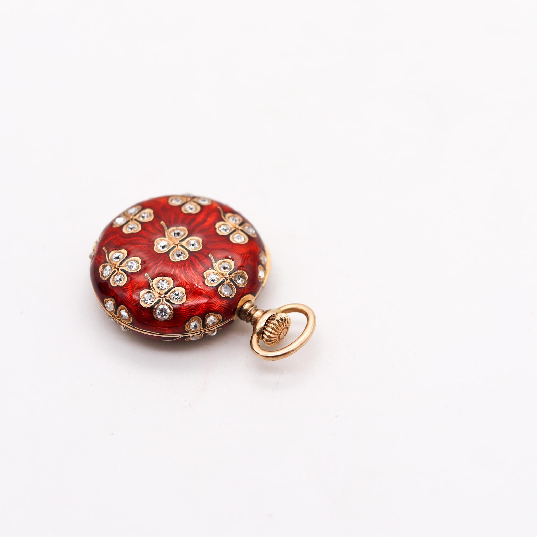 Edwardian Swiss 1895 Red Guilloché Pendant Watch In 14Kt Gold & 3.12 Ctw Rose Cuts Diamond