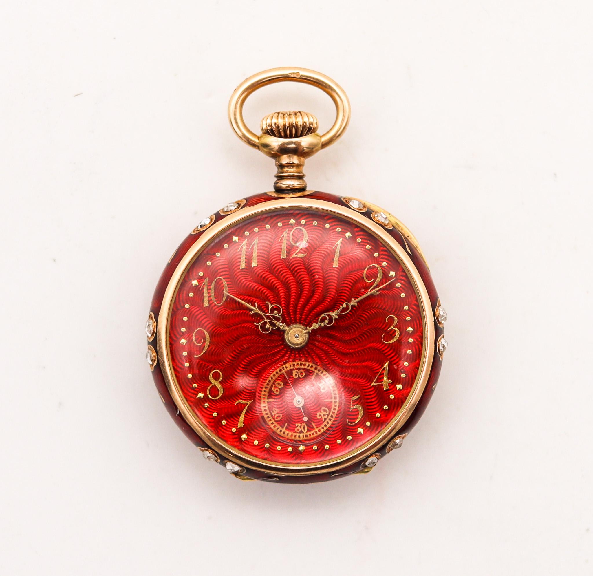 Swiss 1895 Red Guilloché Pendant Watch In 14Kt Gold & 3.12 Ctw Rose Cuts Diamond In Excellent Condition In Miami, FL