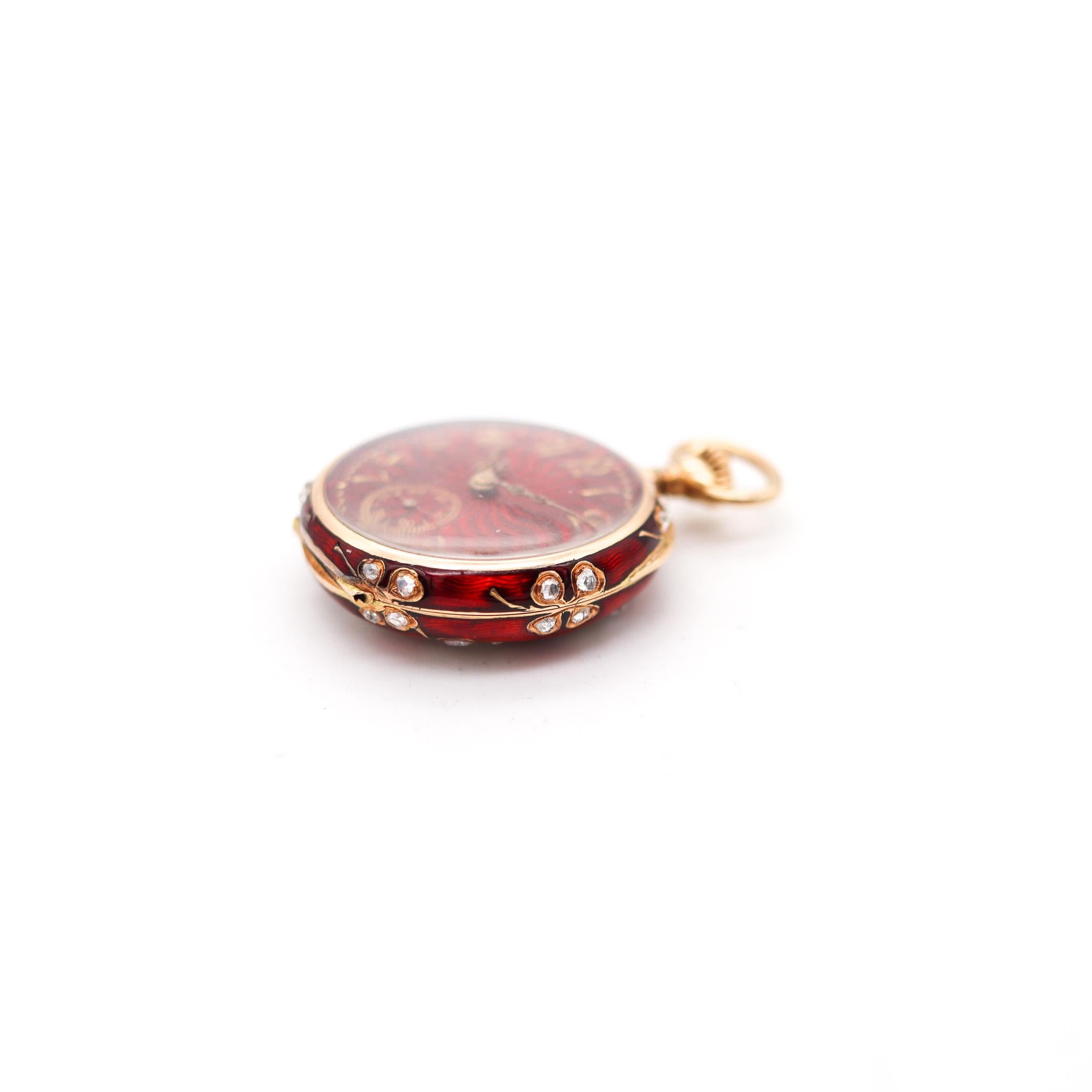 Women's or Men's Swiss 1895 Red Guilloché Pendant Watch In 14Kt Gold & 3.12 Ctw Rose Cuts Diamond