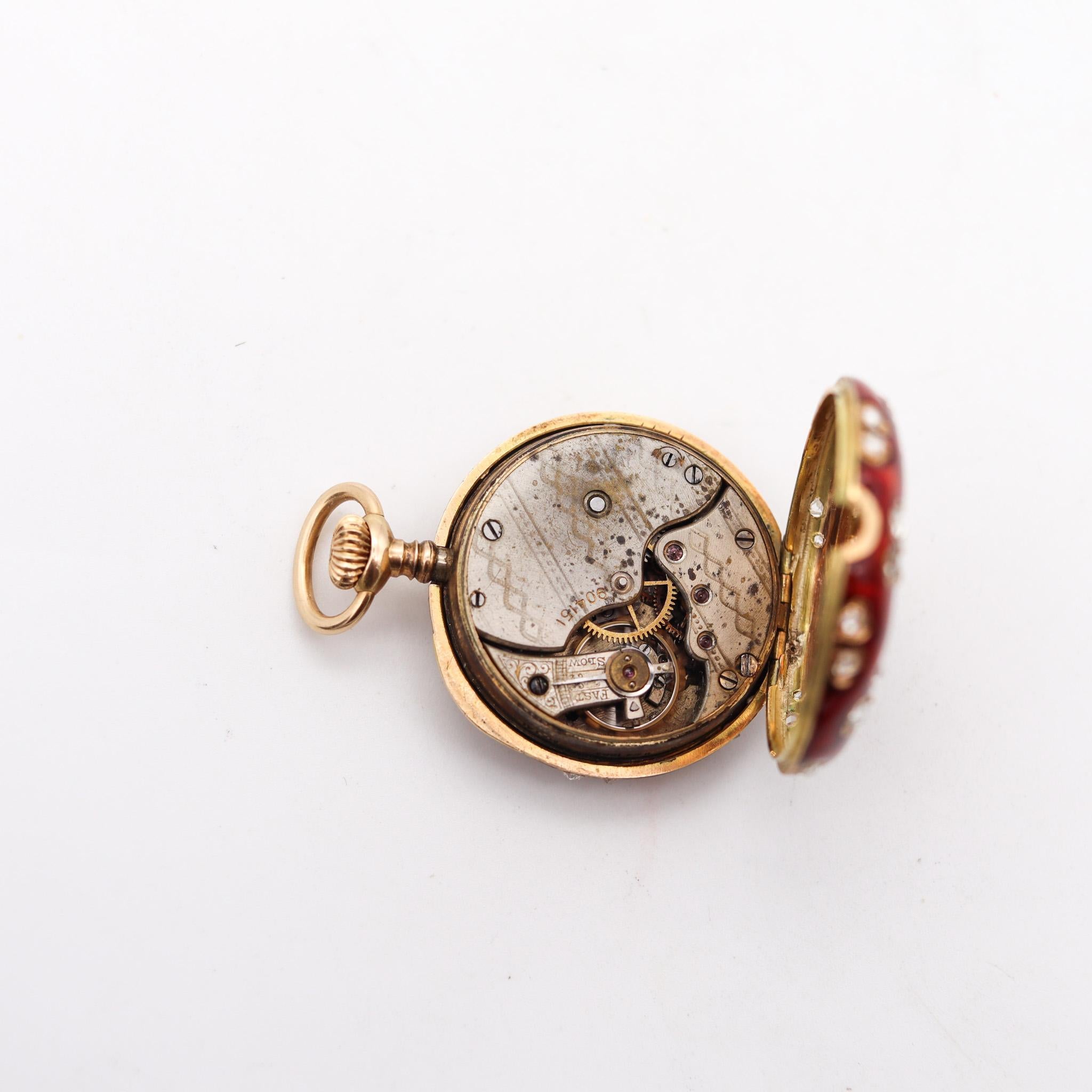 Swiss 1895 Red Guilloché Pendant Watch In 14Kt Gold & 3.12 Ctw Rose Cuts Diamond 1