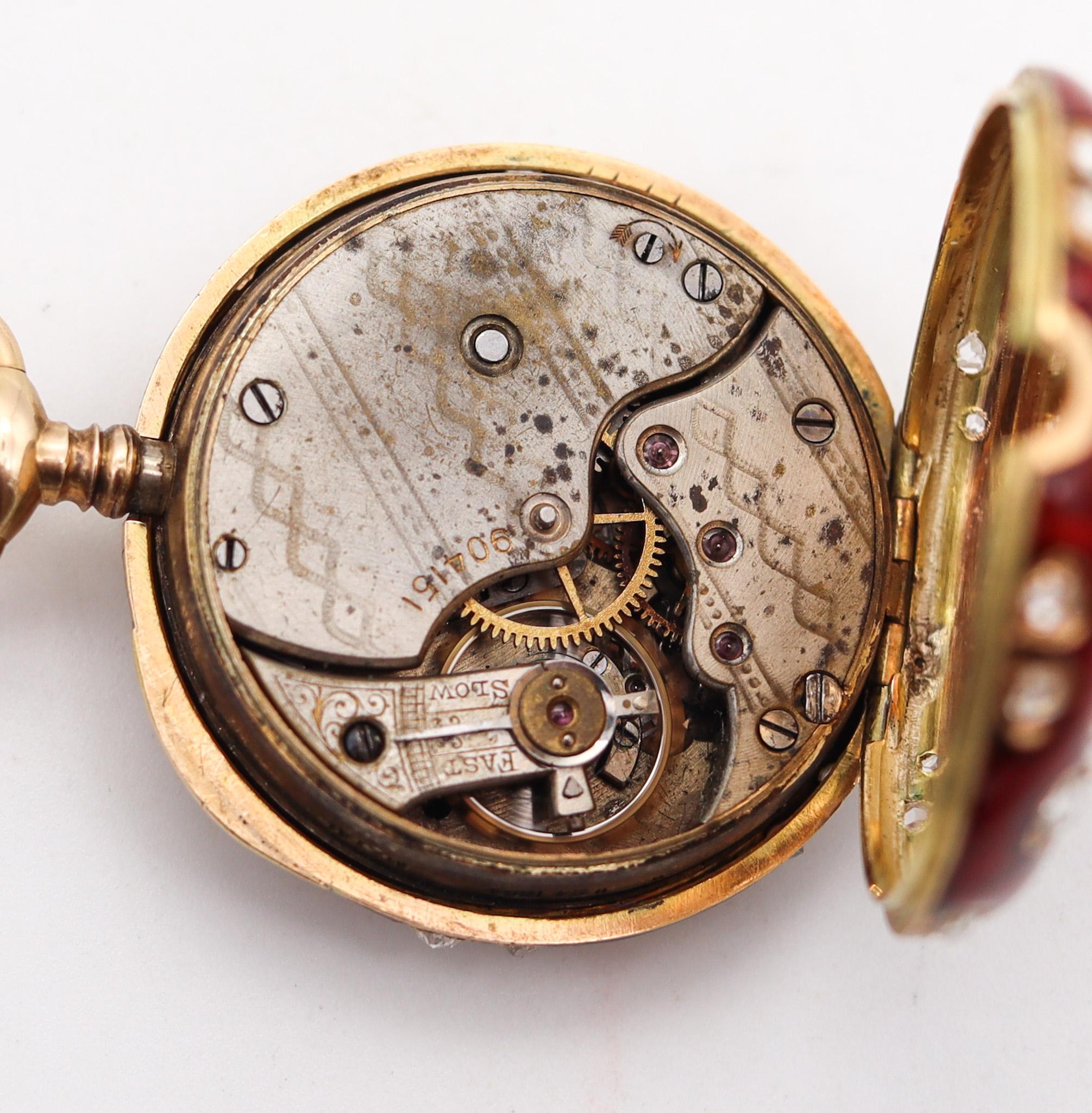Swiss 1895 Red Guilloché Pendant Watch In 14Kt Gold & 3.12 Ctw Rose Cuts Diamond 2