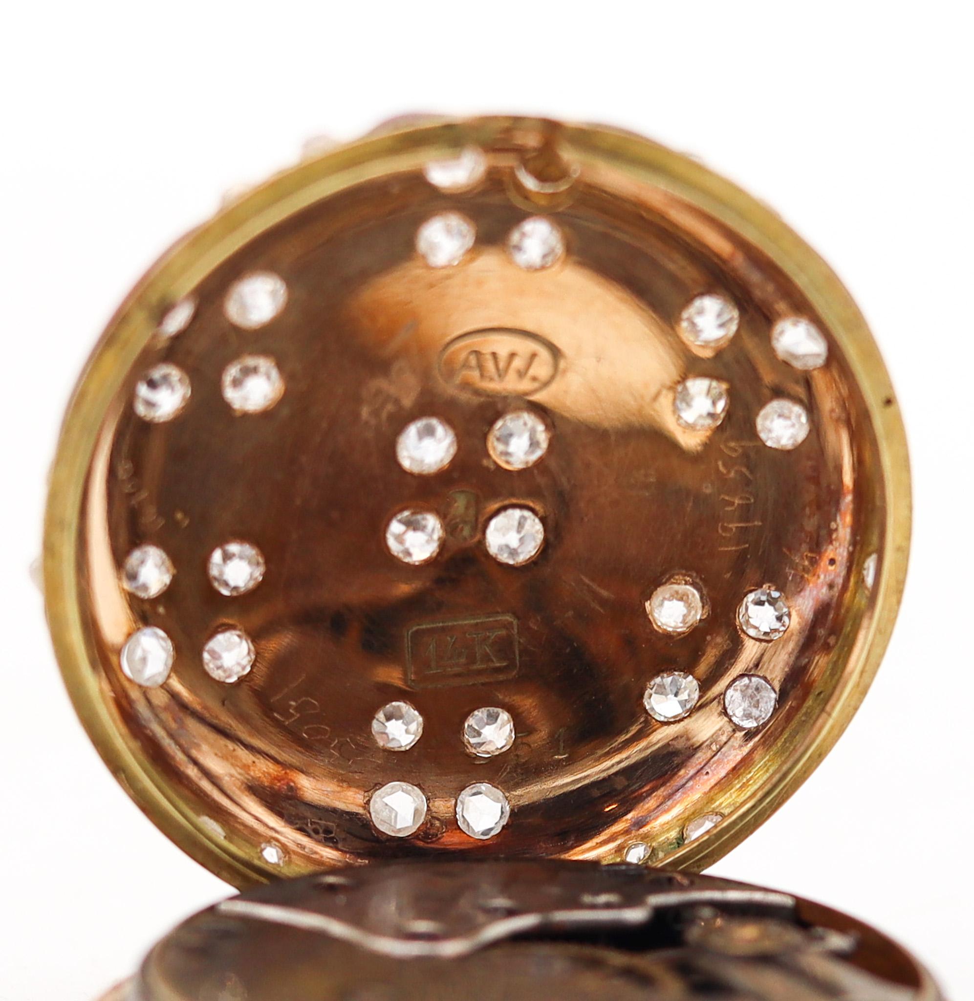 Swiss 1895 Red Guilloché Pendant Watch In 14Kt Gold & 3.12 Ctw Rose Cuts Diamond 3