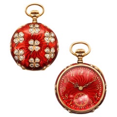Swiss 1895 Red Guilloché Pendant Watch In 14Kt Gold & 3.12 Ctw Rose Cuts Diamond