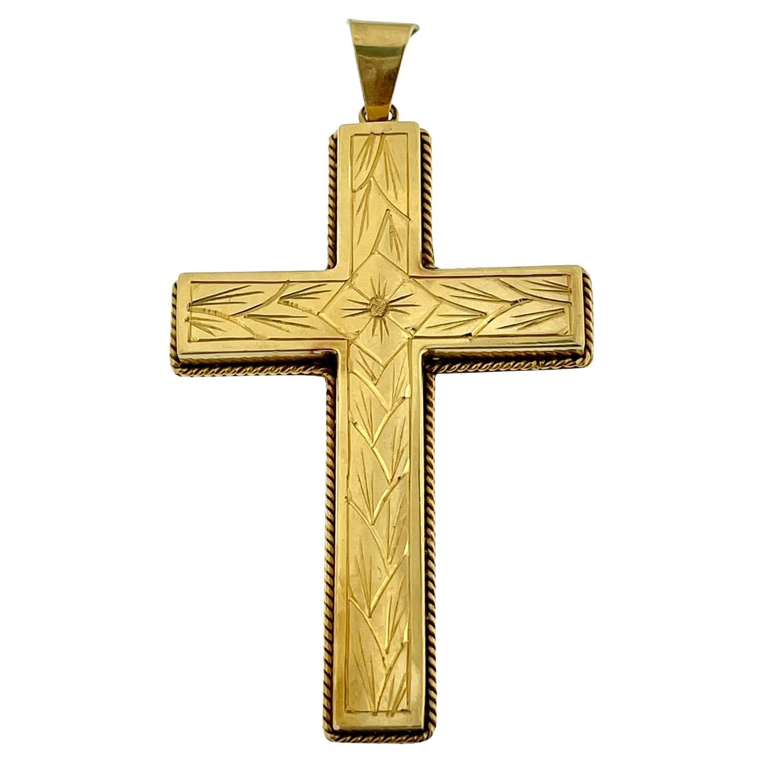 Swiss 18kt Yellow Gold Cross with Flower Patterns