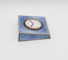 Swiss 1915 Art Deco Guilloche Blue Enamel Desk Clock In Sterling Silver