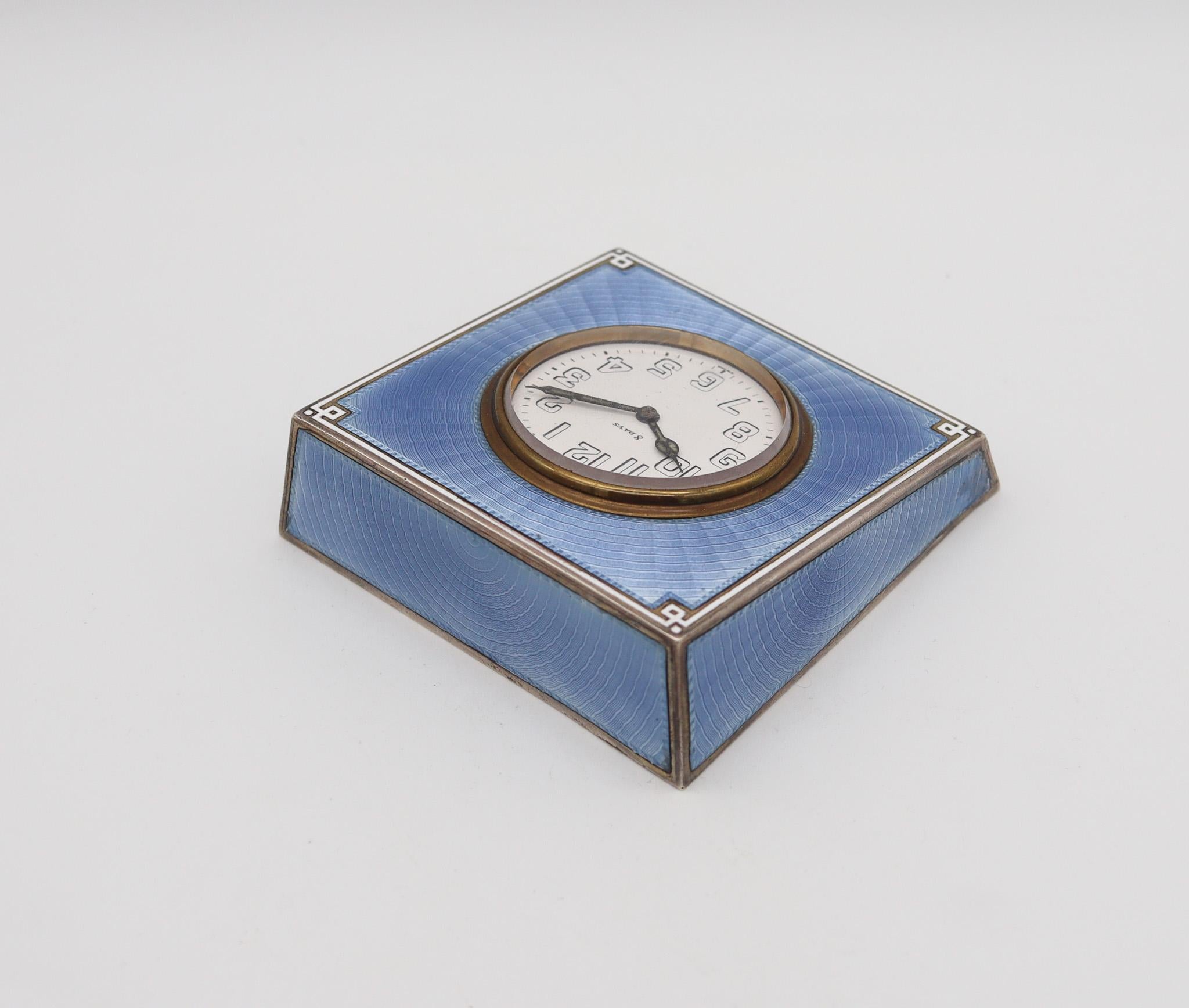 Etched Swiss 1915 Art Deco Guilloche Blue Enamel Desk Clock In Sterling Silver For Sale