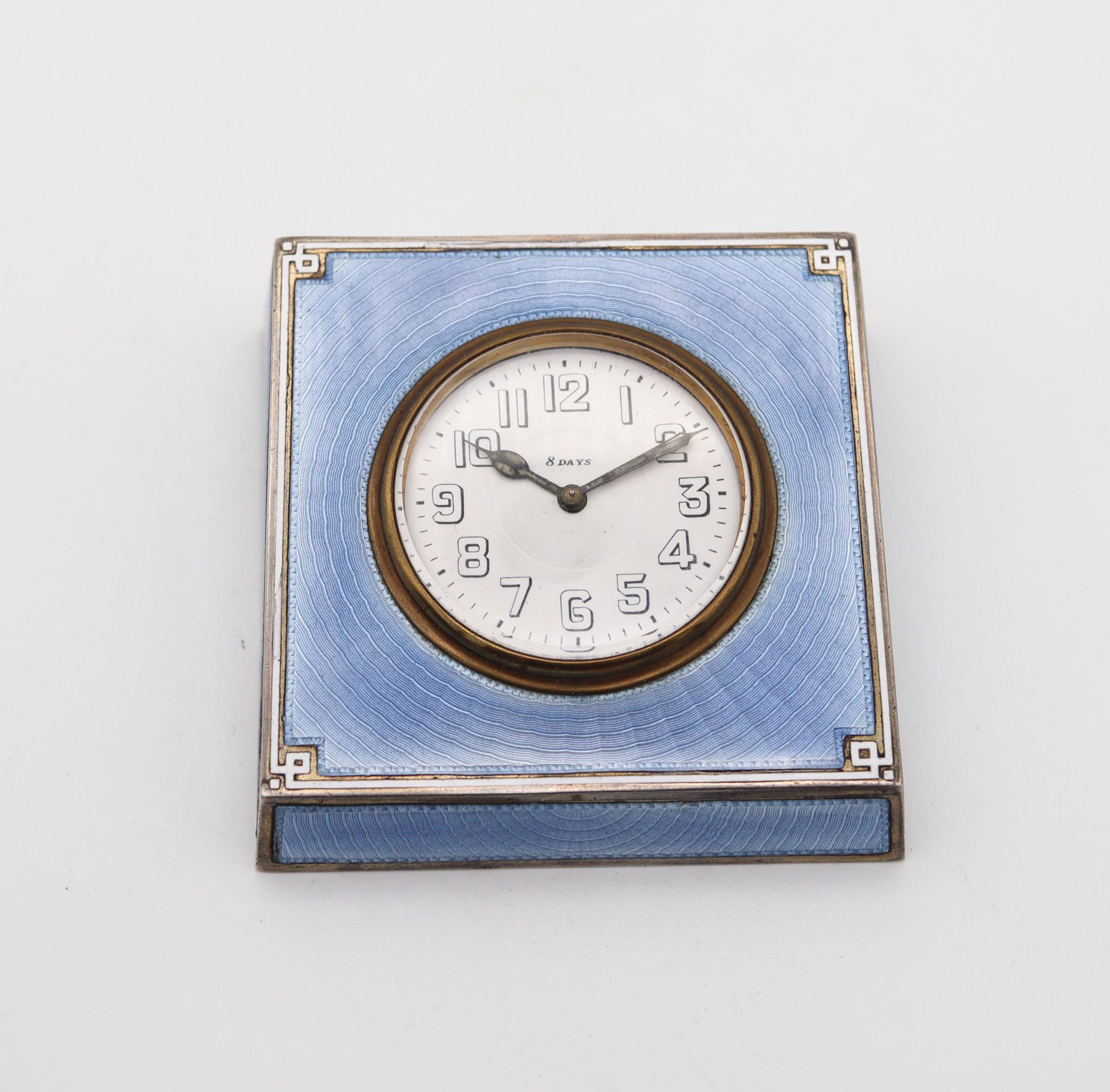 Swiss 1915 Art Deco Guilloche Blue Enamel Desk Clock In Sterling Silver In Good Condition For Sale In Miami, FL