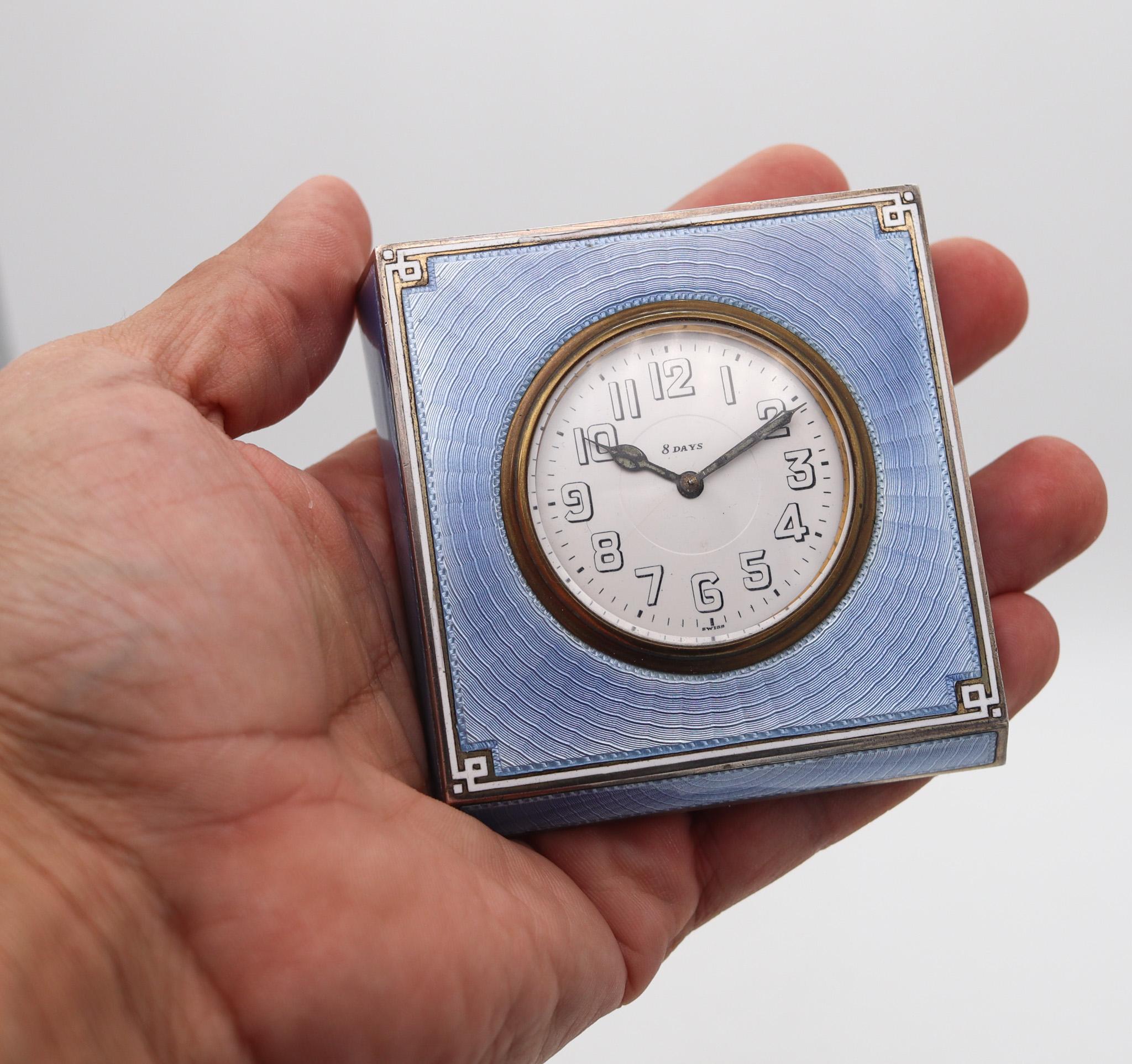 Swiss 1915 Art Deco Guilloche Blue Enamel Desk Clock In Sterling Silver For Sale 3
