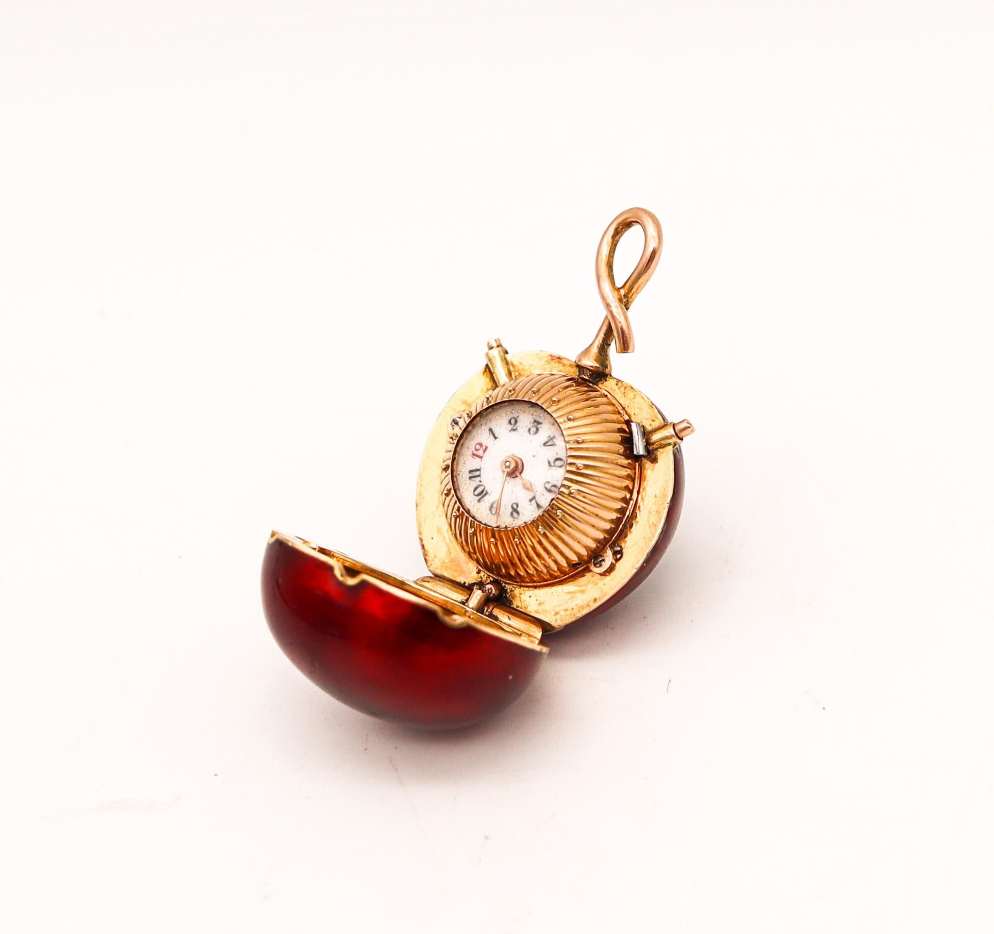 Enameled pendant bezel wind watch in the shape of a cherry.

Fantastic miniature cherry shaped pendant watch, created in Switzerland, back in the 1910-1920. The movement is mechanical, bezel wind and the case was crafted in solid yellow gold of 18
