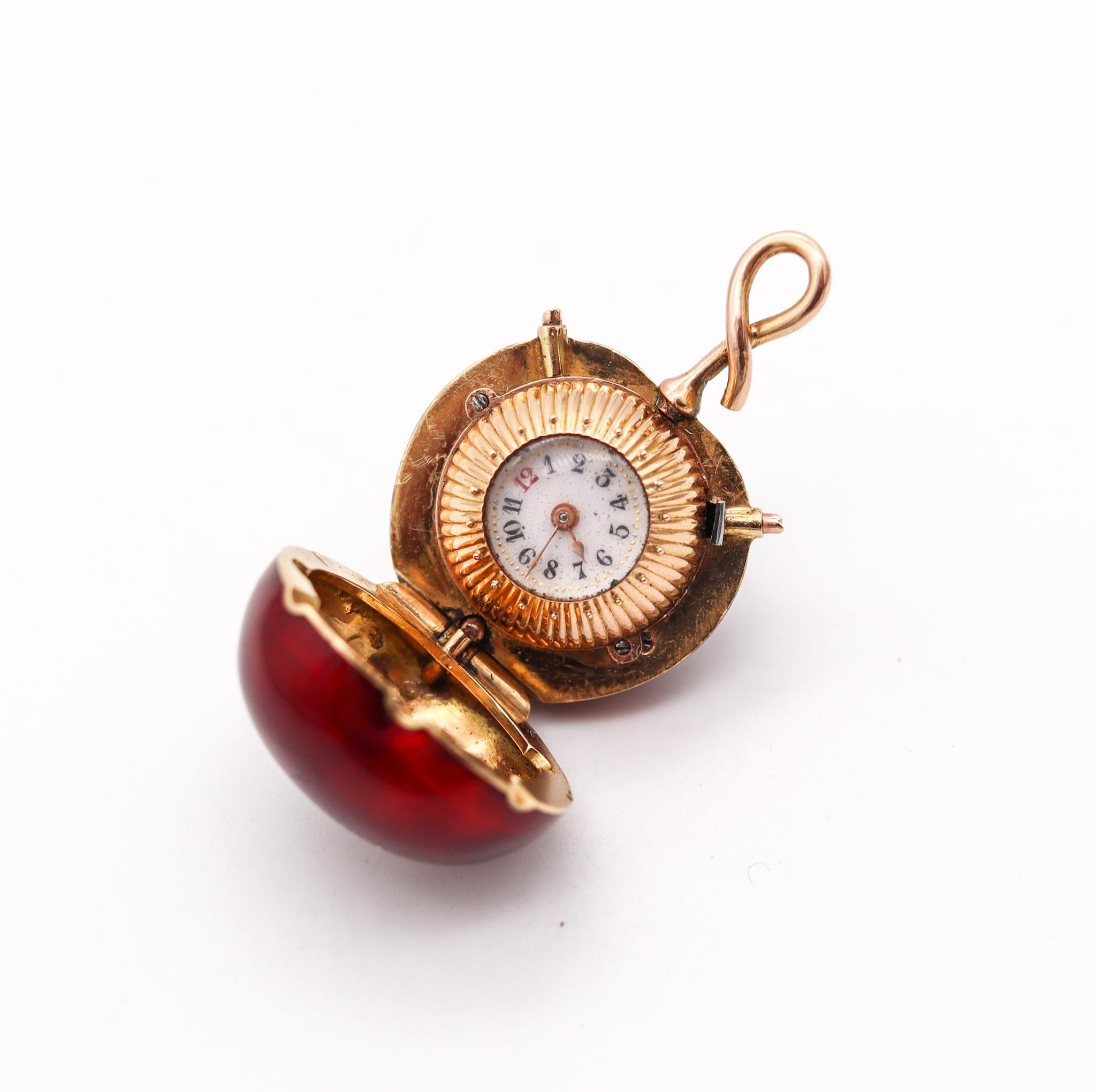 Women's or Men's Swiss 1915 Bezel Wind Enamel Cherry Shaped Miniature Pendant Watch In 18Kt Gold For Sale