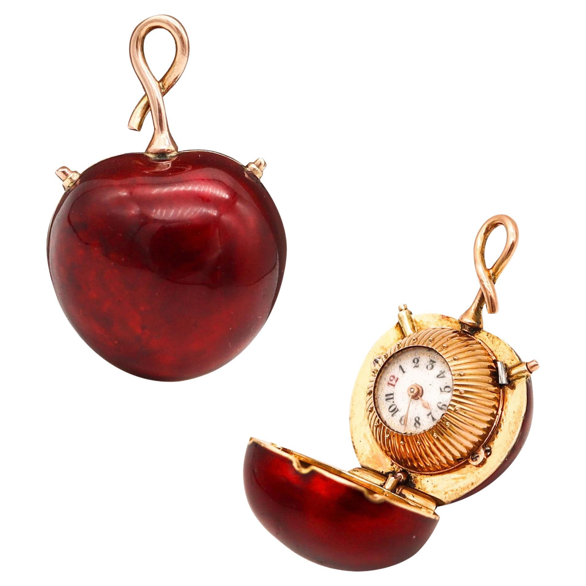 Swiss 1915 Bezel Wind Enamel Cherry Shaped Miniature Pendant Watch In 18Kt Gold For Sale