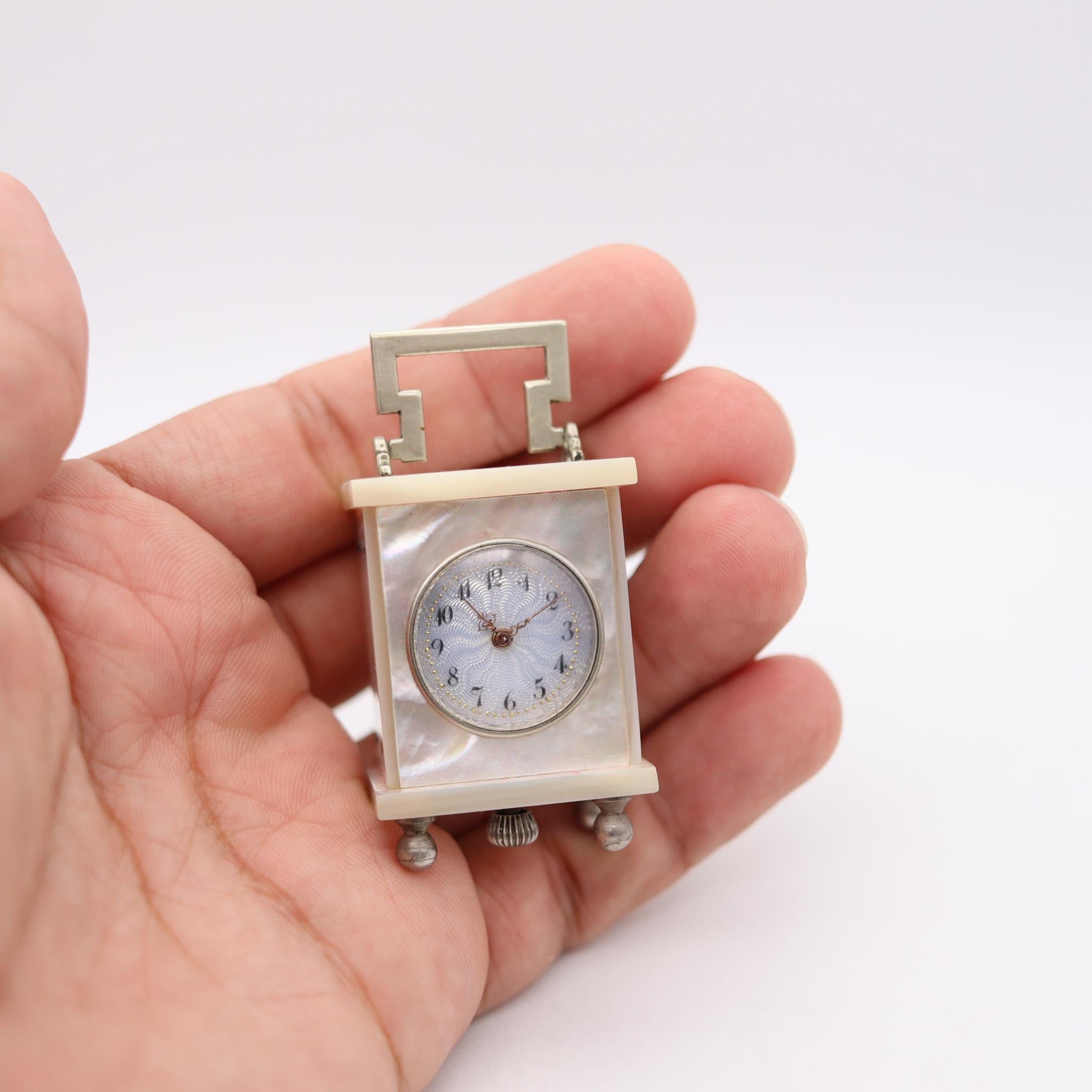 Swiss 1920 Art Deco Miniature Carriage Clock In Sterling Silver With White Nacre 1