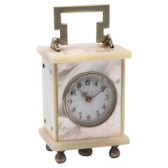 Antique Swiss 1920 Art Deco Miniature Carriage Clock In Sterling Silver With White Nacre