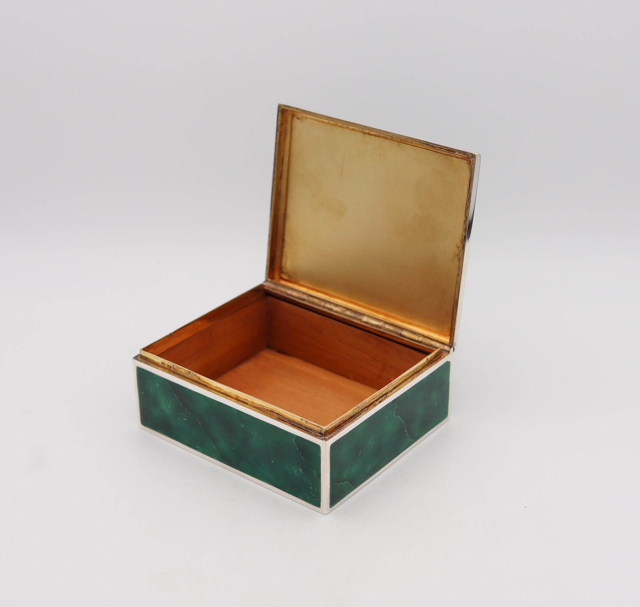 Swiss 1925 Trompe L'œil Malachite Enameled Box in .935 Sterling Silver In Excellent Condition For Sale In Miami, FL