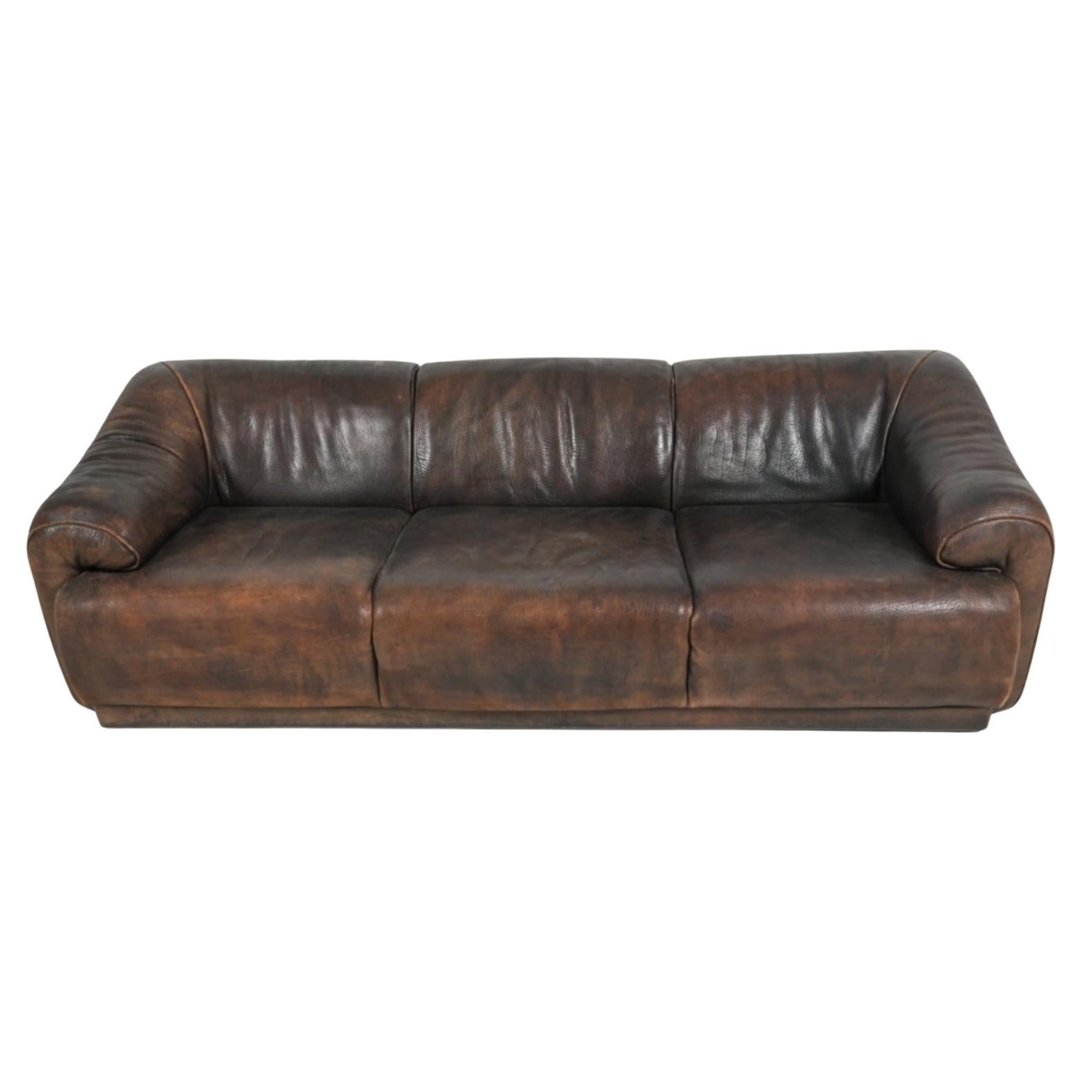 Mid-Century Modern Swiss 1970’s Buffalo Leather Sofa 